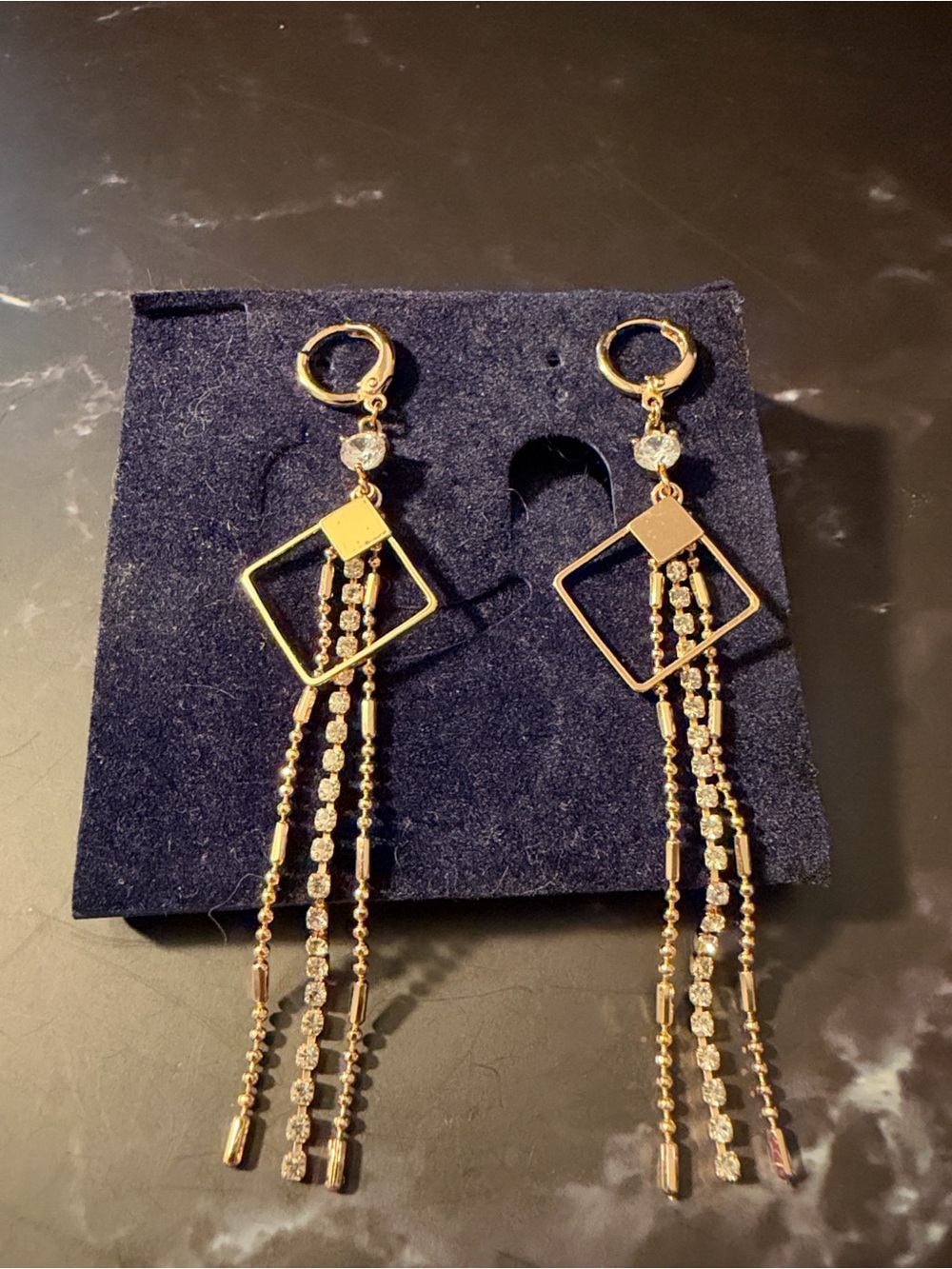 Gold Plated Elegant Geometric Drop Earrings with Crystal Accents Dangle